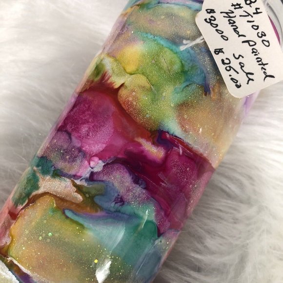 20 Ounce Tumbler Hand-Painted Pinks Pearl Teal Yellow Lid And Straw - Picture 16 of 16